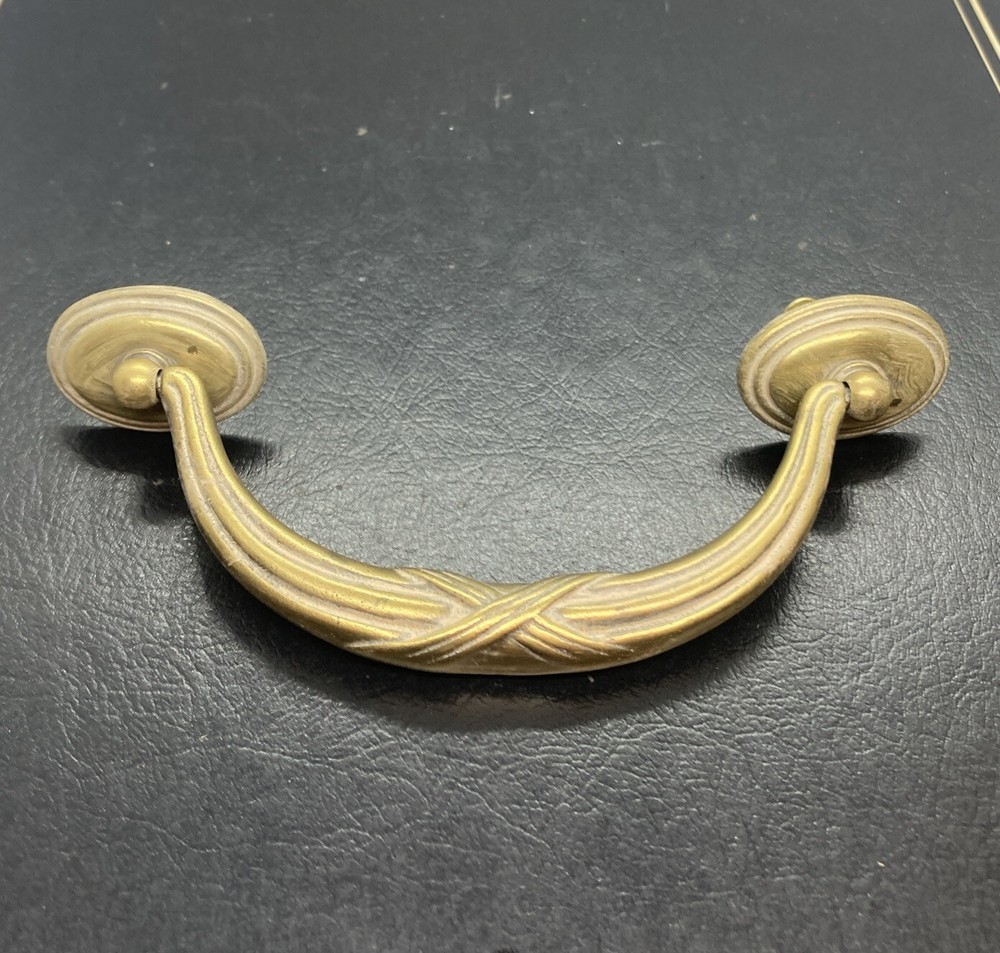 Old Drawer Drop Handle Bail Pull Solid Brass Vintage 5” Center Holes Heavy