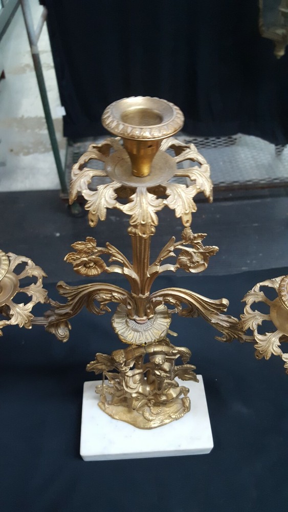 Antique Ornate Solid Brass Candelabra with a Renaissance Design on Marble Base