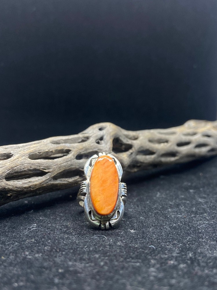 Native American Navajo Orange spiny oyster shell Sterling Silver ring size 6.5