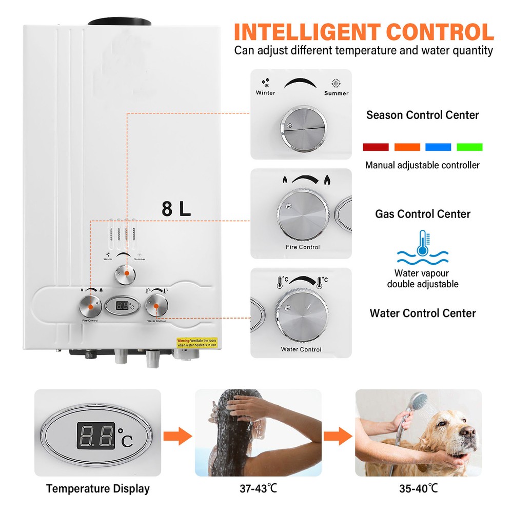 8L LPG Gas Tankless Water Heater 2GPM Propane Gas Instant Water Shower Boiler