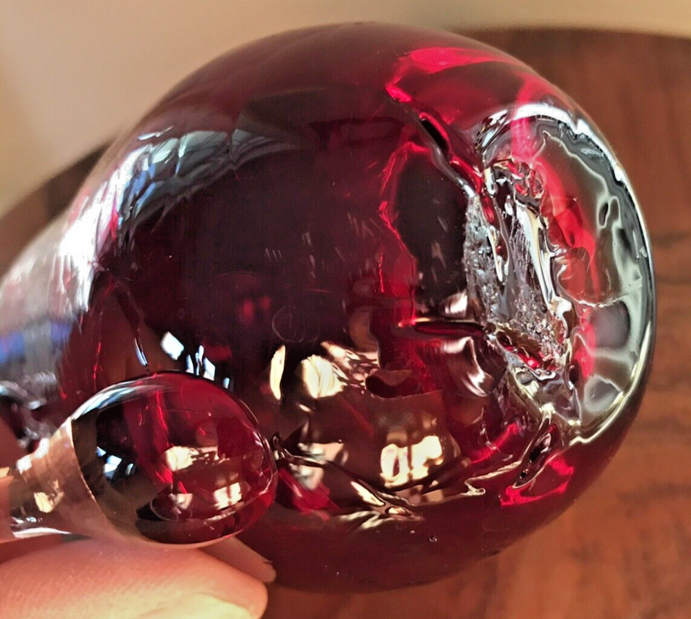 Hand Blown Ruby Red Crackle Glass Pitcher Clear Handle Pontil 3.75"