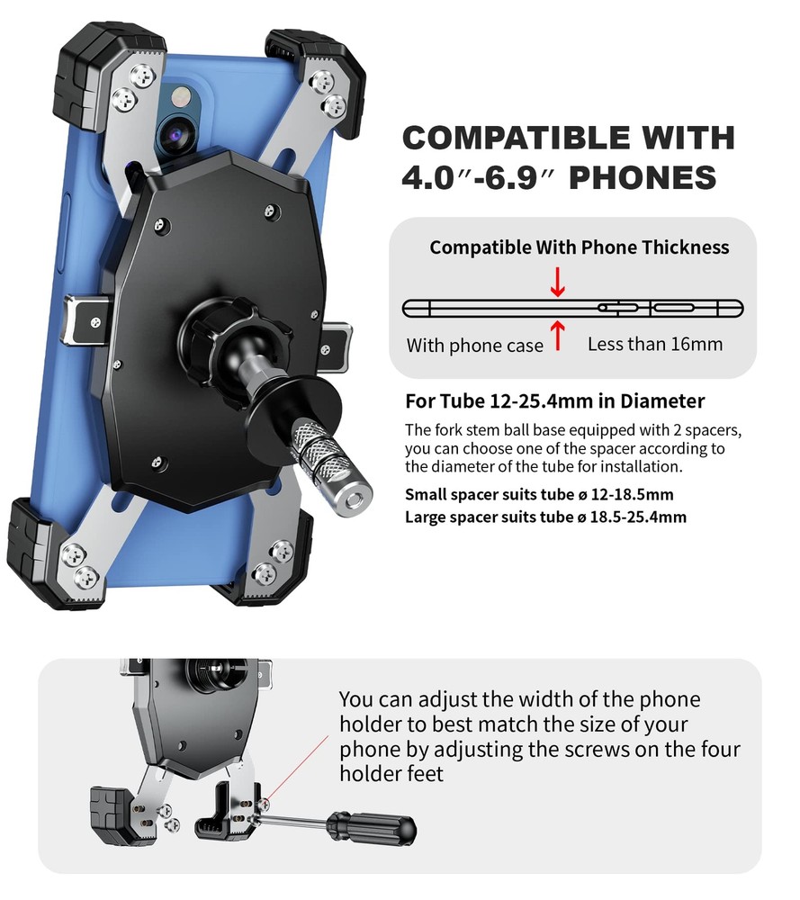 Motorcycle Fork Stem Phone Mount 1S Lock & Release Fits 12-25.4mm Diameter