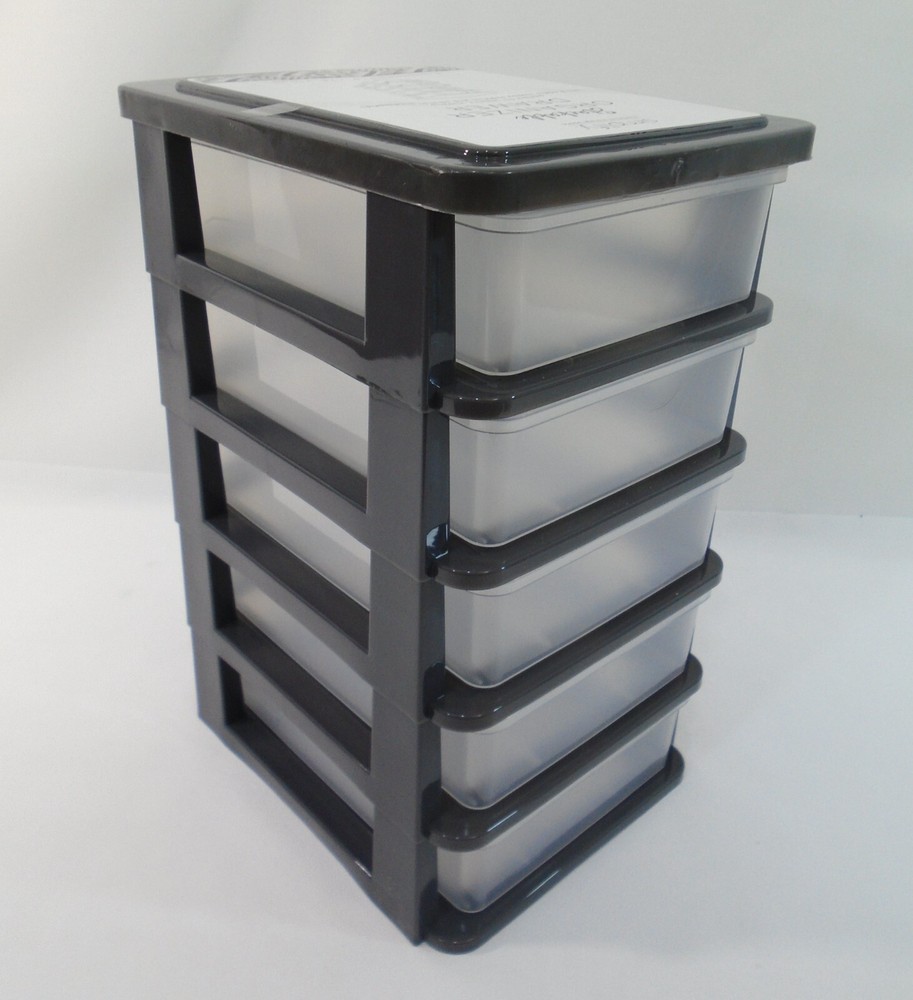 5 Drawer Mini Storage Stackable Desktop Organizer Unit Black / Clear Plastic