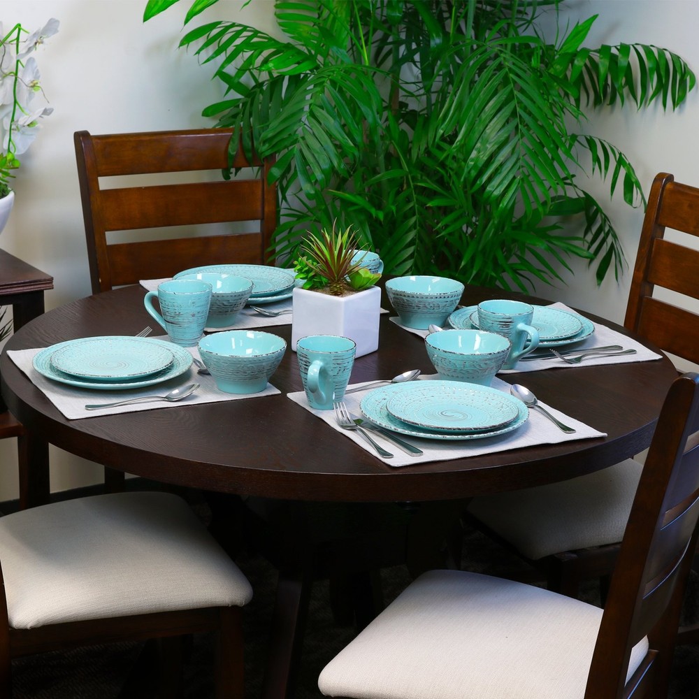 Embossed Stoneware Ocean Dinnerware Dish Set, 16 Piece, Turquoise
