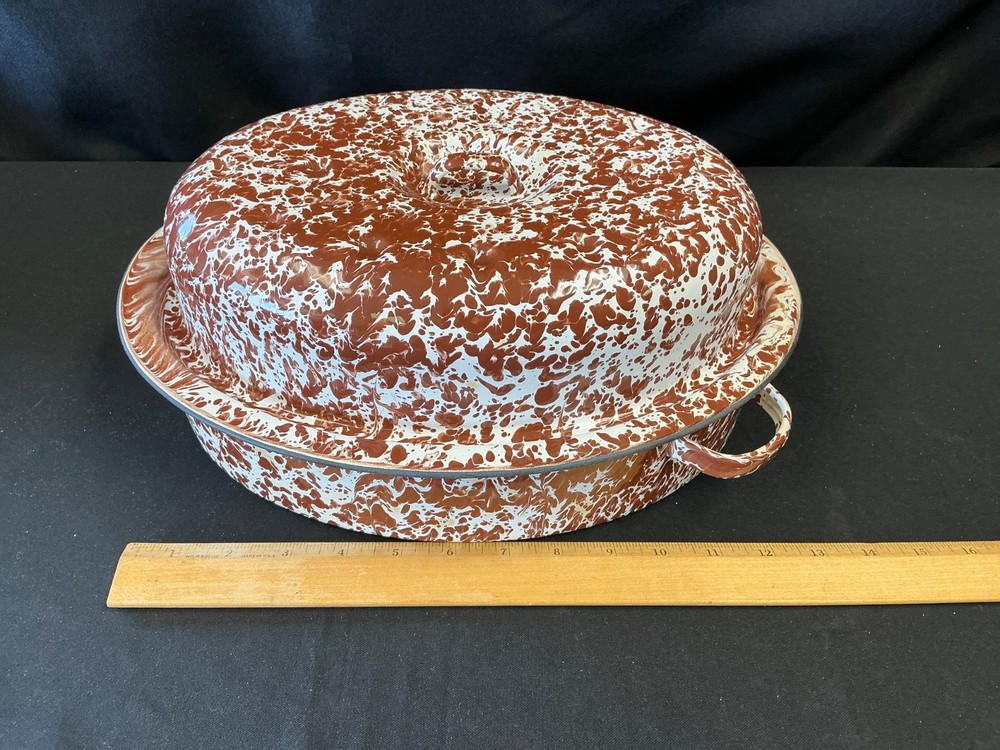 Brown & White Marbled Splatter Design 13 " Roasting Pan, Handles on Side