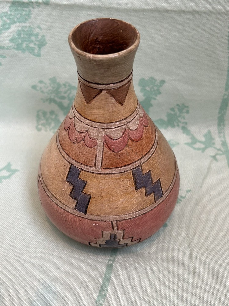Vintage Aztec Design Pottery Bud Vase Signed