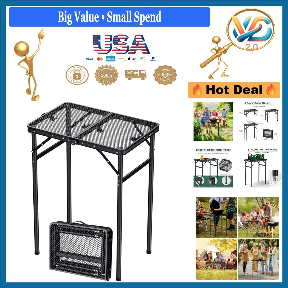 Lightweight Folding Camping Grill Table with Height Adjustment Black