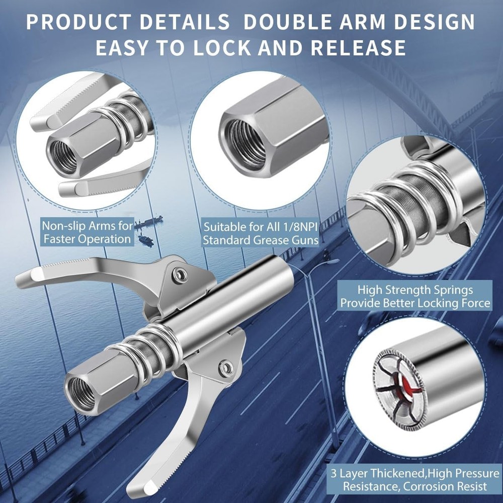 Grease Gun Coupler: Double Handle, High Pressure, Quick Release Lock Oil Nozzles