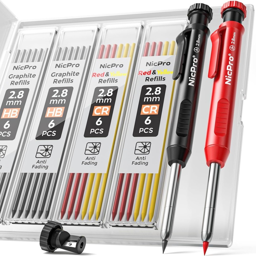 Professional Heavy-Duty Carpenter Pencils with Sharpener - Marks on Any Surface