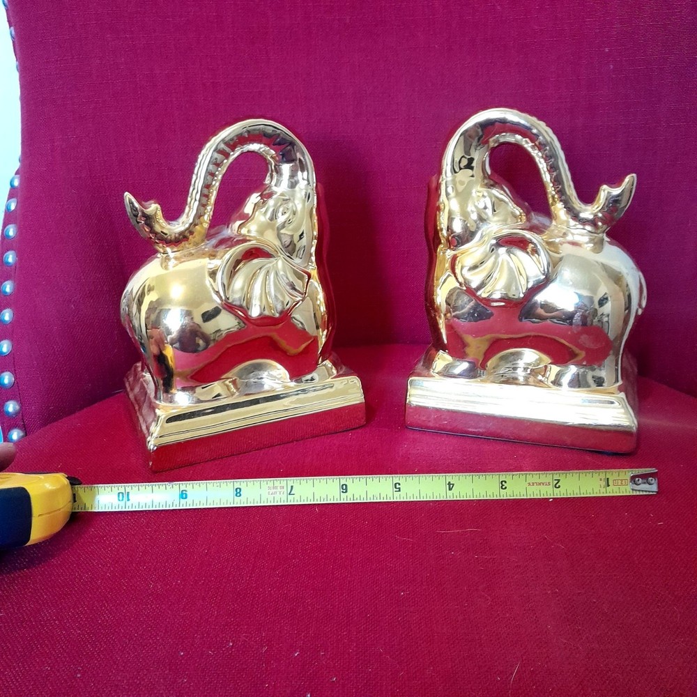 Gold Elephant Bookends Pair Ceramic 7" Tall