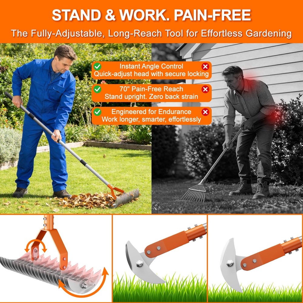 Thatch Rake for Lawn with 68" Adjustable Handle, 15" Heavy Duty Dethatcher Ra...