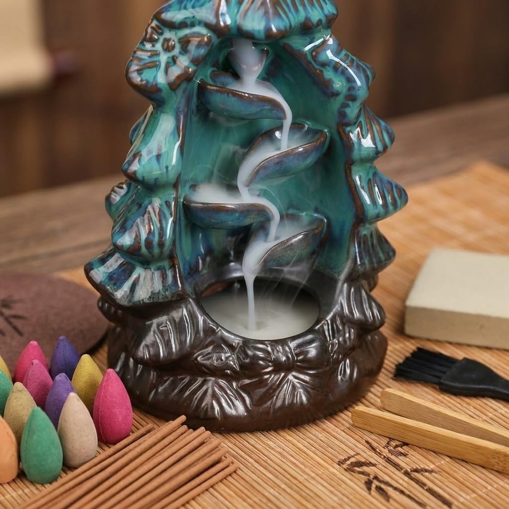 CASAFOYER Backflow Incense Holder Ceramic Waterfall Burner Set (120 Brown
