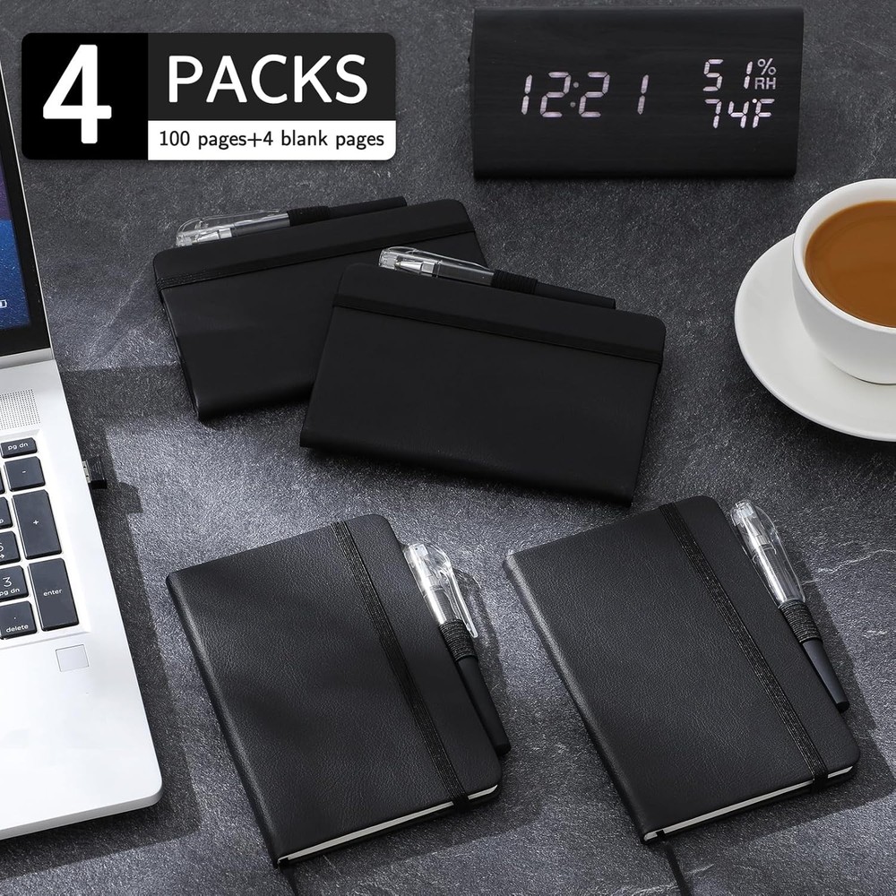 NETANY 4 Pack Small Notebook Pocket Notebook, A6 Mini Leather Hardcover Black