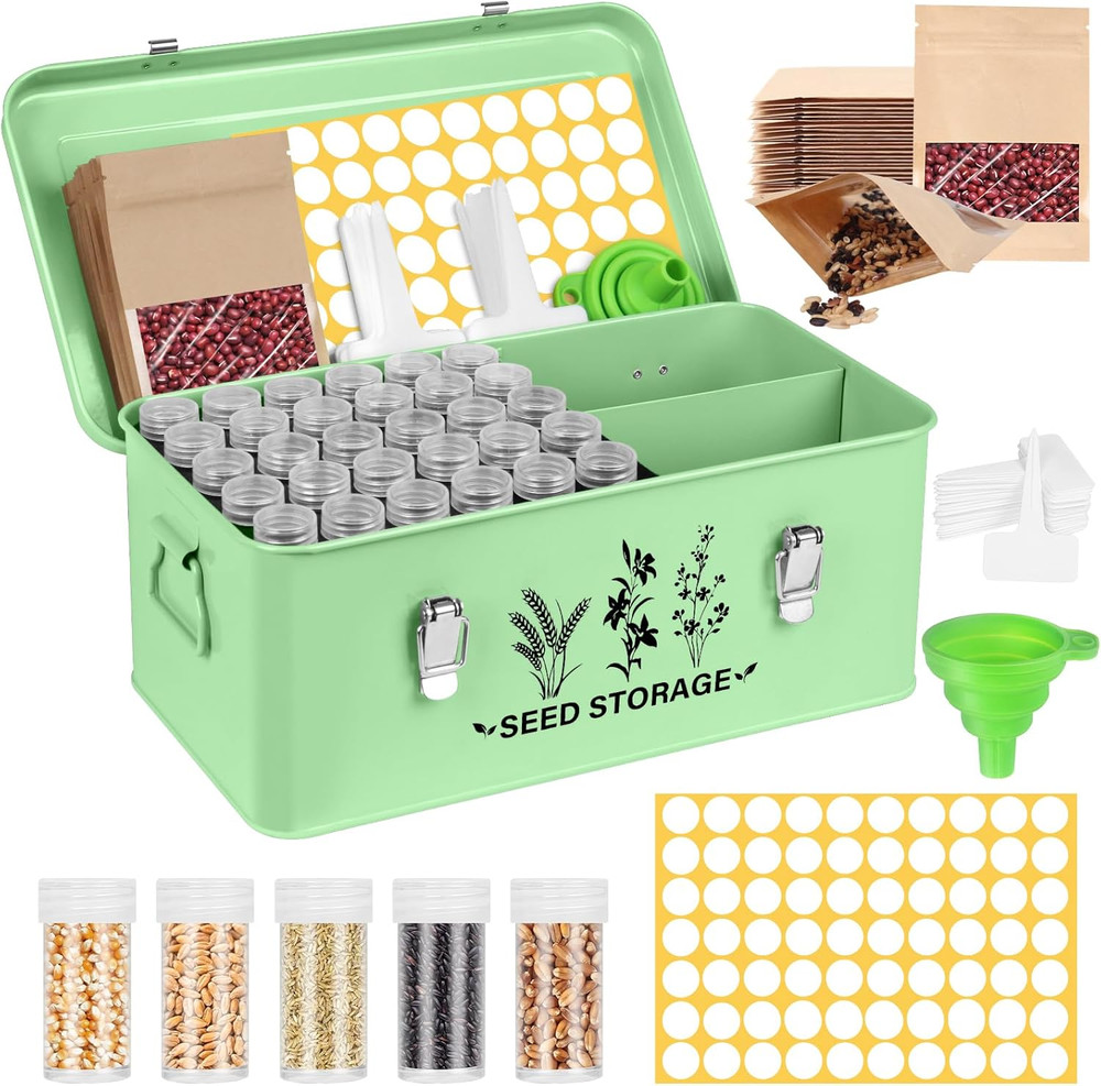 Metal Seed Storage Organizer Kit with Vials, Tags, Envelopes, and Labels