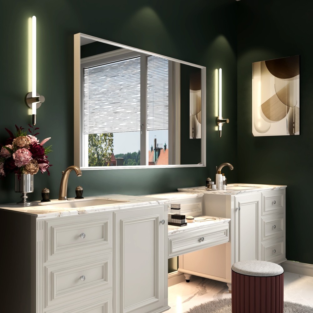 40x30 Inch Glossy White Rectangular Wall-Mounted Bathroom Mirror with Beveled