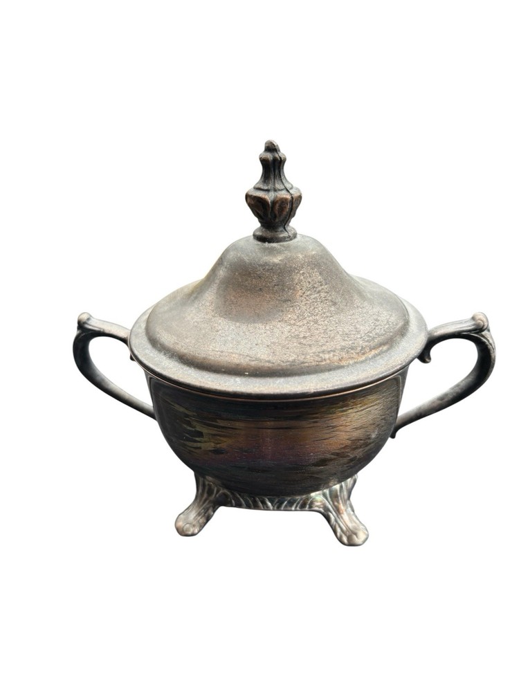 Vintage Silverplate Serving Sugar Bowl Container Footed Ornate Unmarked
