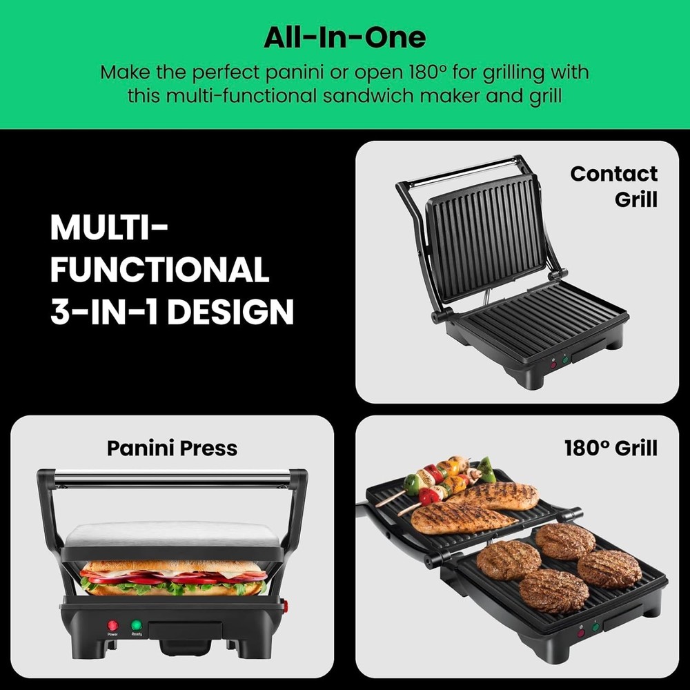 4 Slice Panini Press Grill - Non-Stick Plates, Black