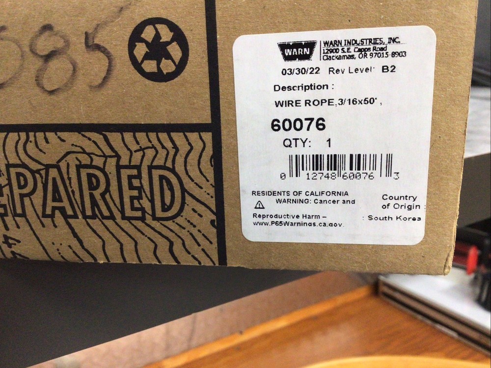 Warn 3/16"x50' Wire Rope Winch Cable 60076