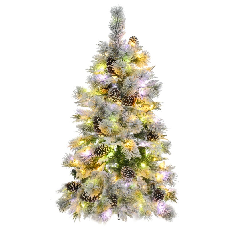 4FT Pre-Lit Christmas Tree Spruce Snow Flocked Artificial Xmas Tree w/ Pine Cone