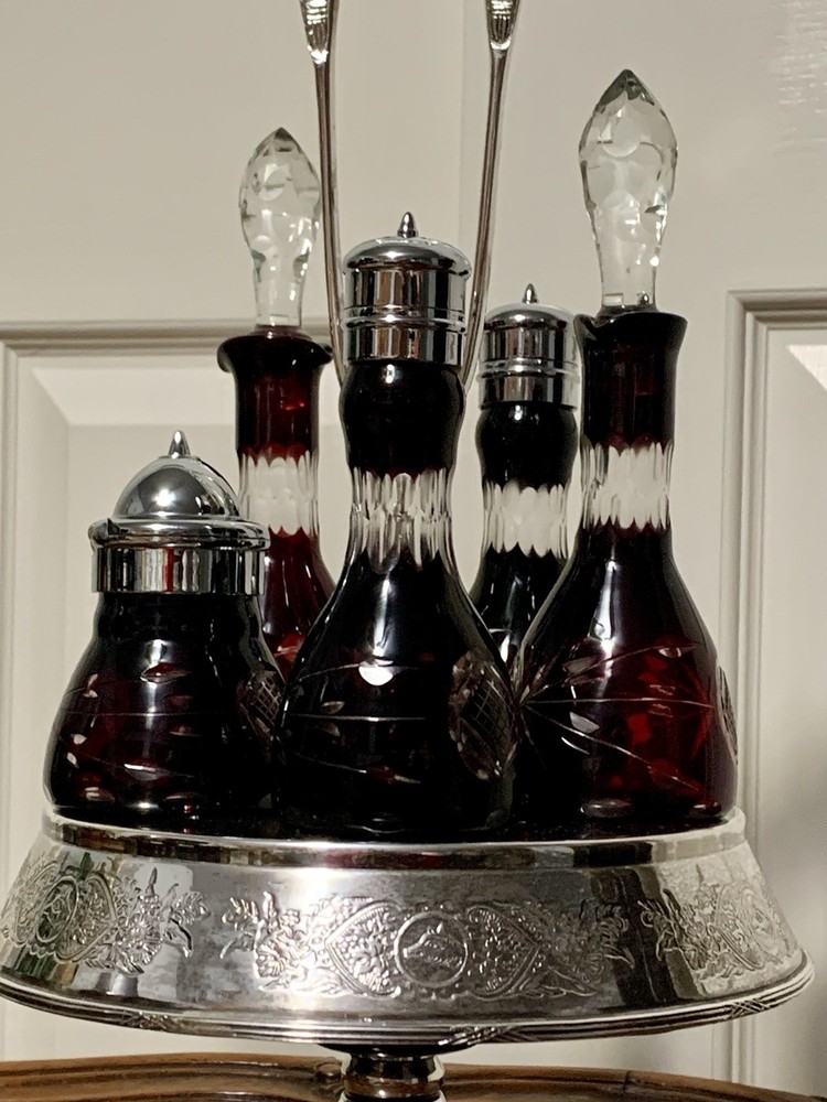 Ruby Cut-to-Clear Bottles Silver Plate Frame Stand/Holder Cruet Condiment Set