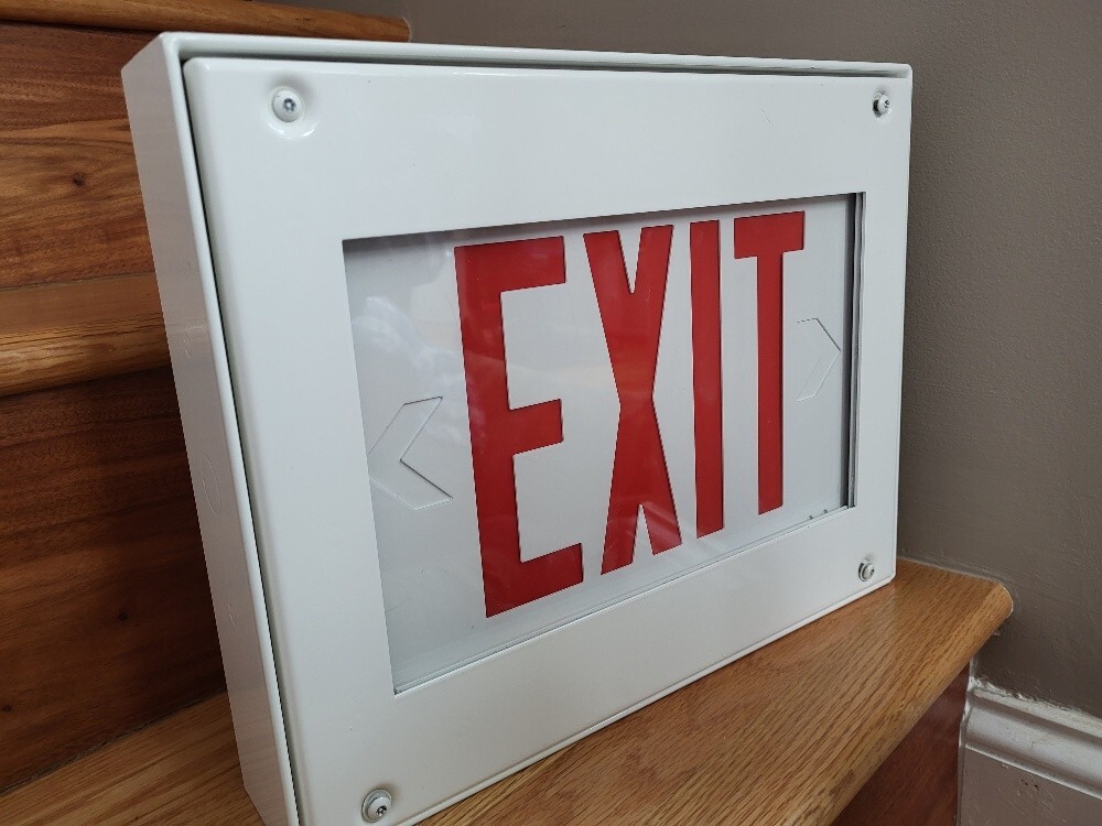 Kenall Exit Light Metal Box Wired "Correctional" White w/ Red Letters Untested
