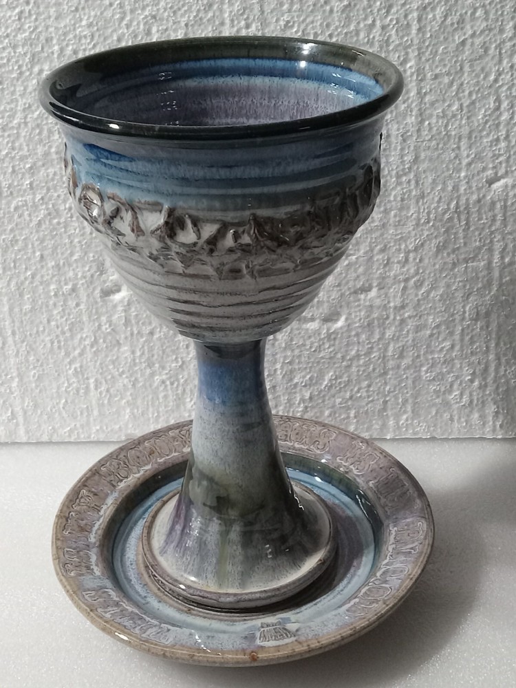 Ceramic Stoneware Chalice & Paten Set Scripture/Crown Thorns Pastel Blue Signed