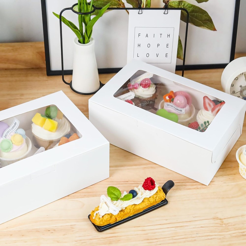 6 Pack Cupcake Boxes with Inserts 6 Holders, White Standard Bakery Boxes with Wi