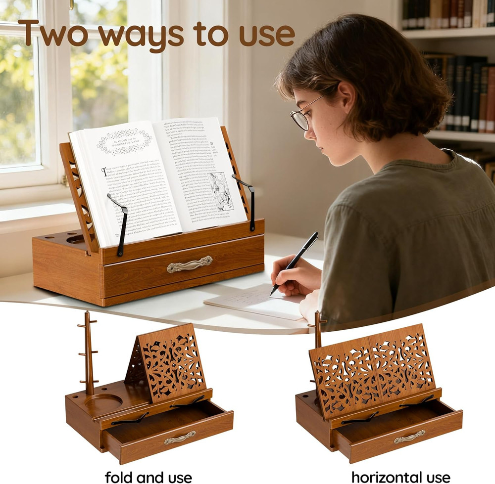 Adjustable Wooden Book Stand with Storage - Multi-Function Hands Free Book Holde