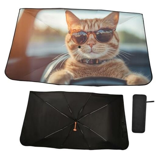 Windshield Sun Shade Umbrella Cat with Sunglasses Driving Car Foldable multi 16