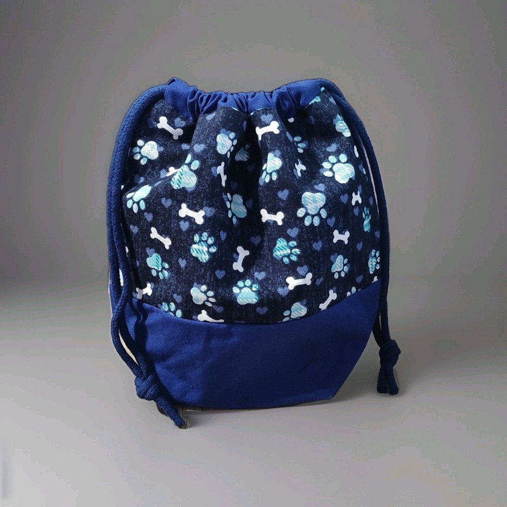 New Handmade Drawstring Bag Blue Paw Print Bone Pattern Green Lining
