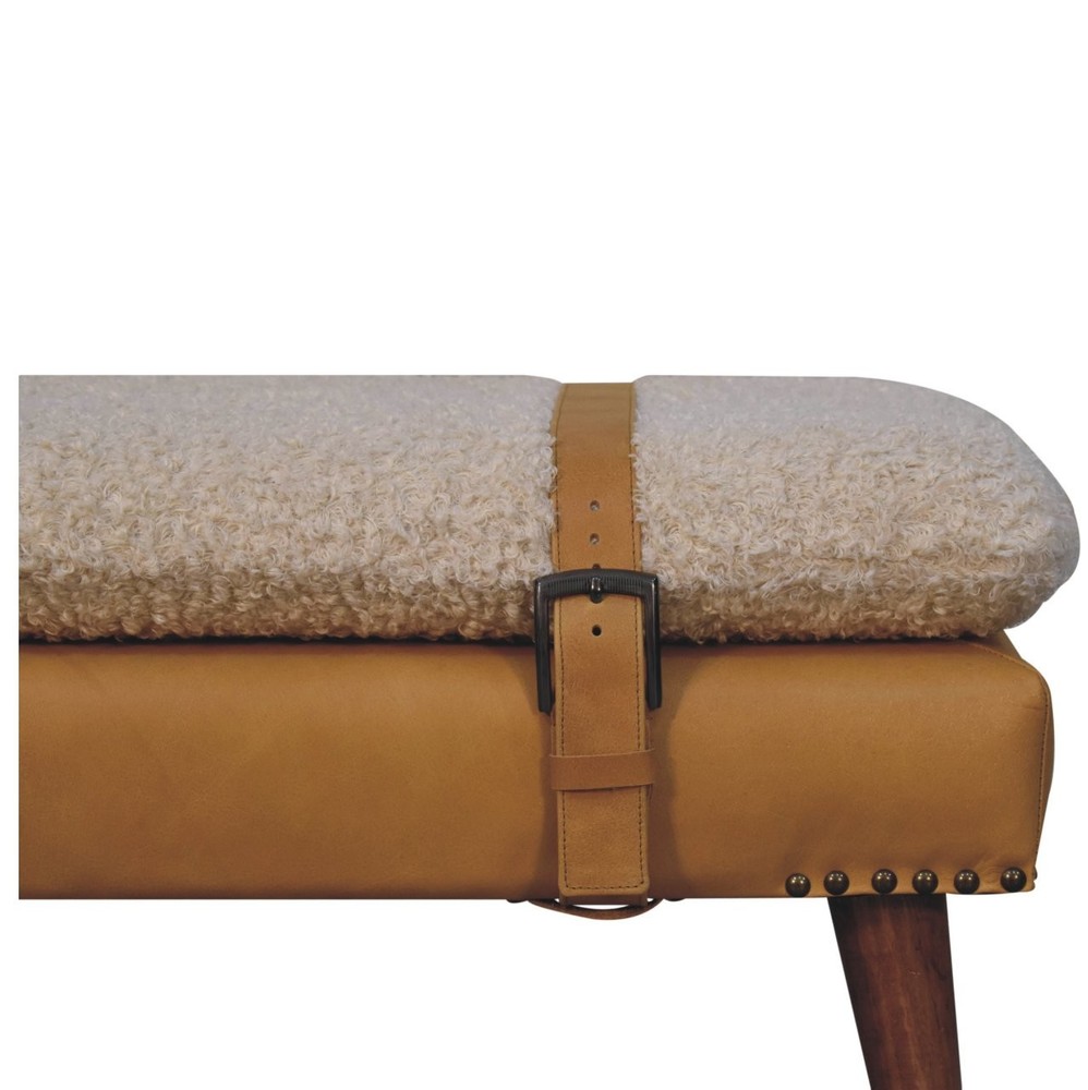 Boucle and Tan Leather Bench