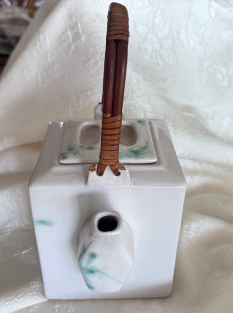 Vintage Teapot Japan Ceramic White Green Bamboo Handle Square