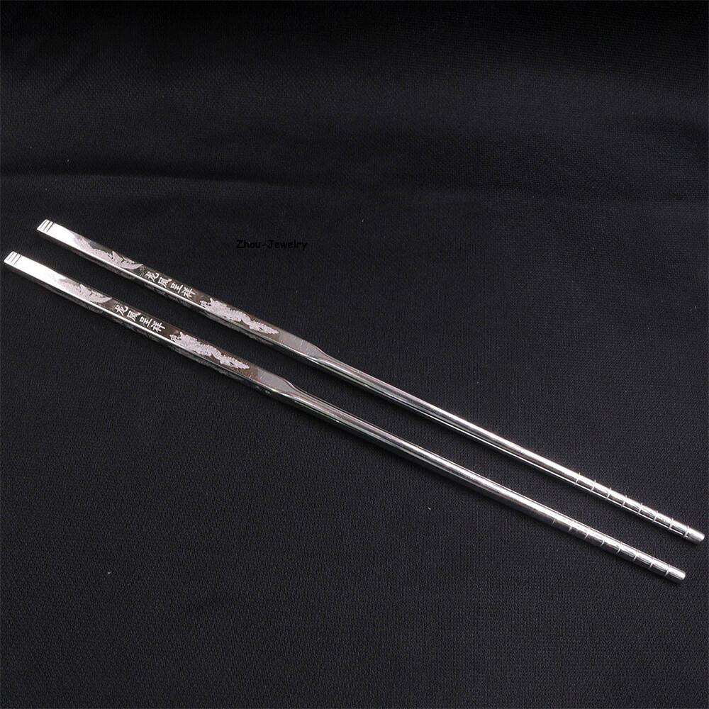 Solid S999 Fine Silver 999 Dragon Phoenix Figure Chopsticks Dinnerware 34-35g