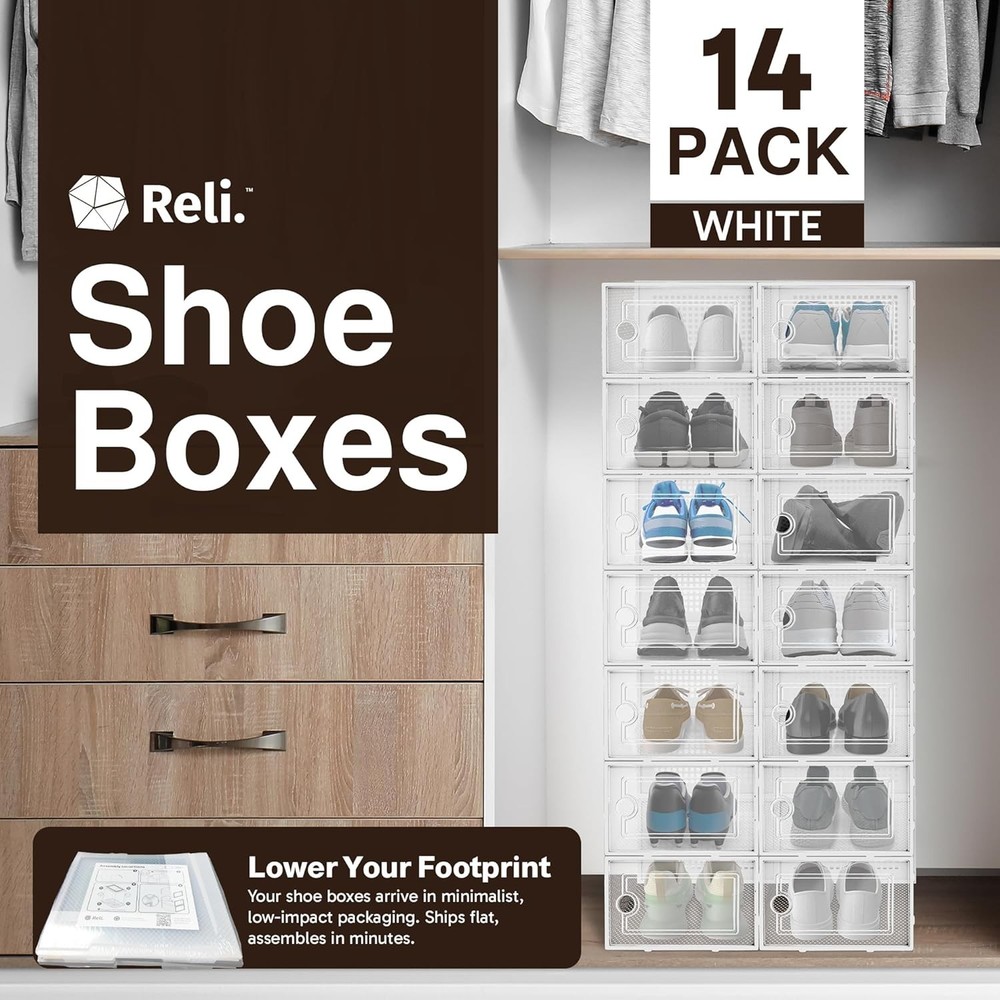 Reli. Shoe Boxes (14 Pack) | Clear Shoe Storage Boxes Stackable and Compact | Li