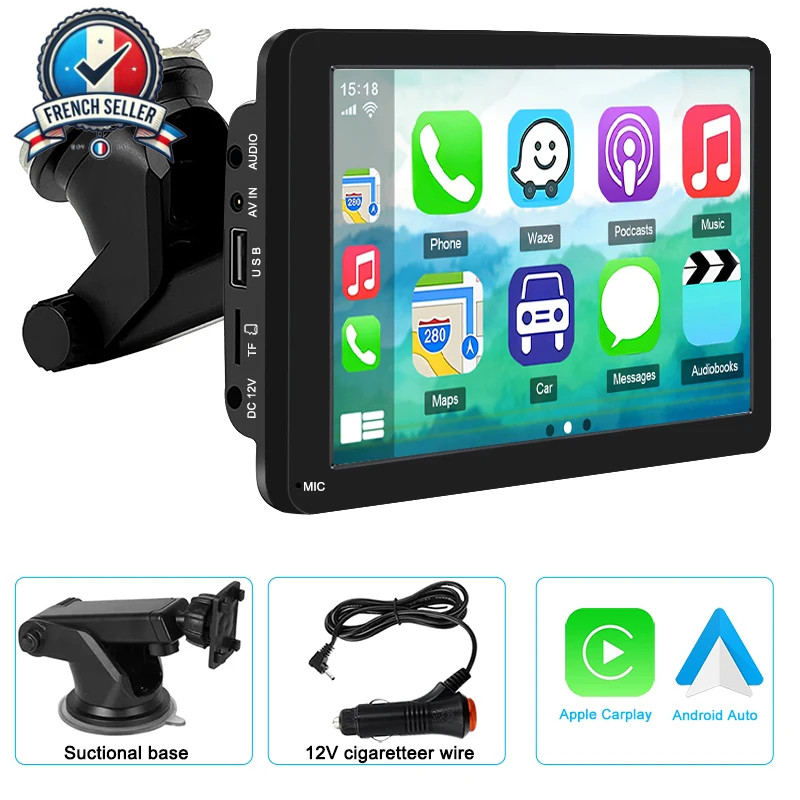 Portable CarPlay Android Car Stereo - 7" Touch Screen, Video Player, USB, AUX,