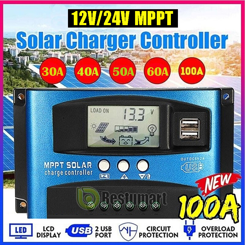 12V/24V 100A MPPT Solar Panel Battery Regulator Auto Charge Controller Dual USB