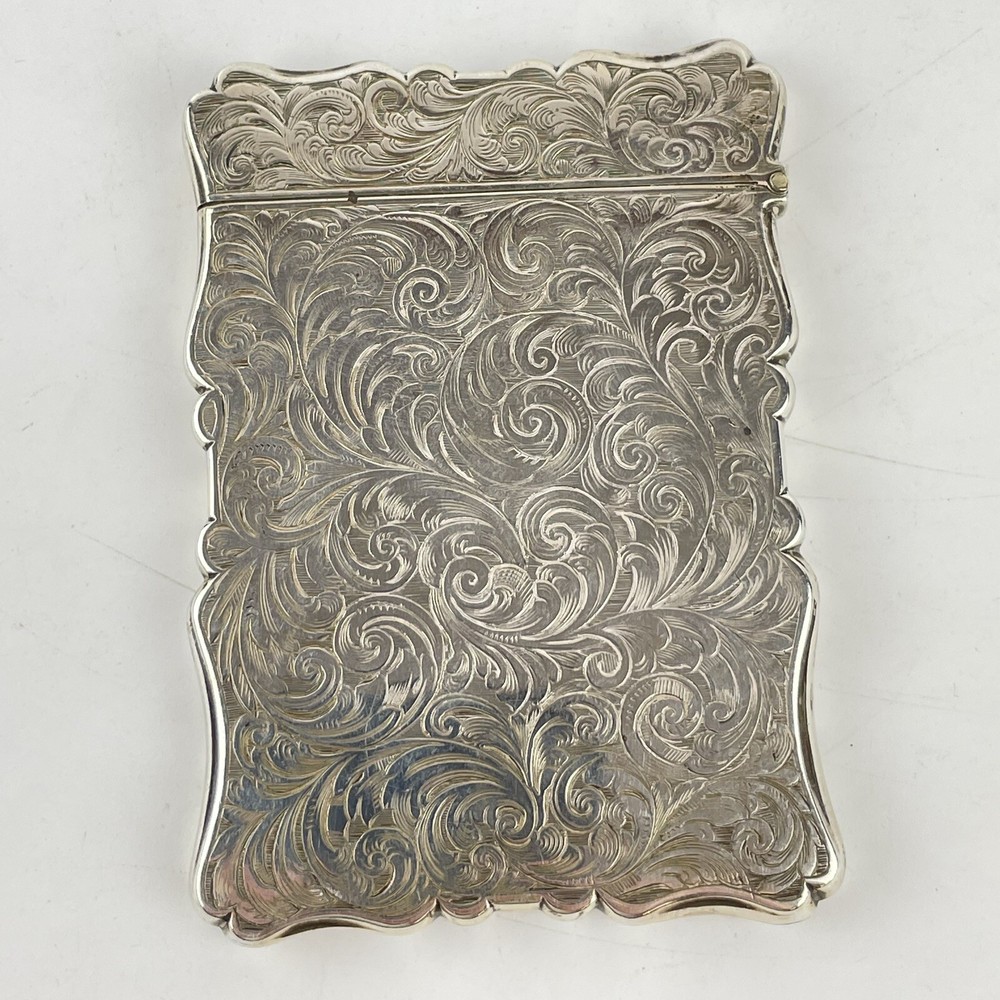 Antique Solid Silver Card Case Engraved Design Aston & Son 1857 10cm