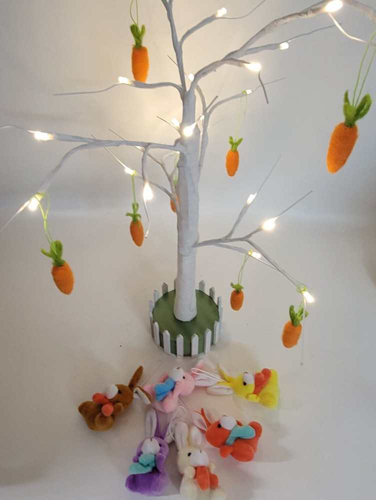 Lighted 22 Inch Easter Spring Tree 14 Hanging Plush Ornaments Rabbits Carrots