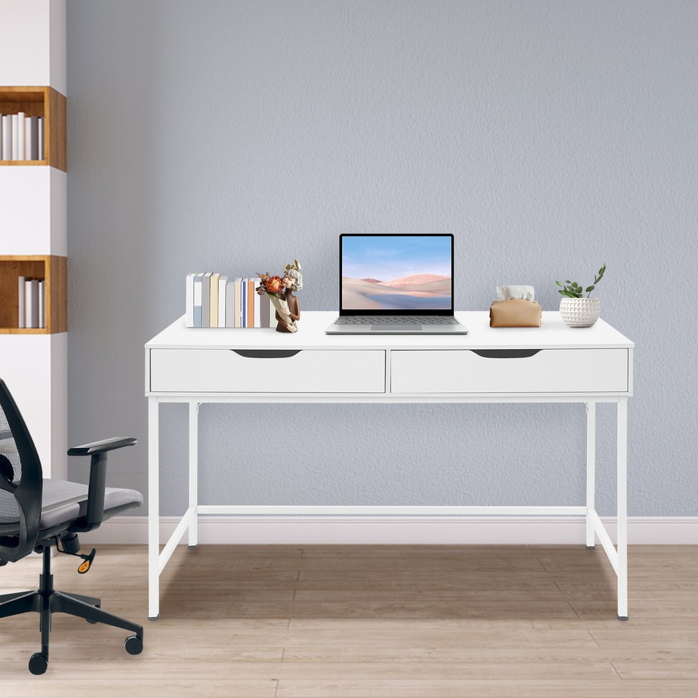 Office Computer Desk Metal Frame Modern Study Writing Table w/ 2 Drawers White