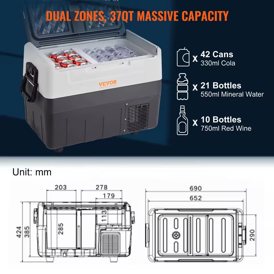 35L Portable Car Refrigerator Freezer with Wheels Handle Compressor for Camping