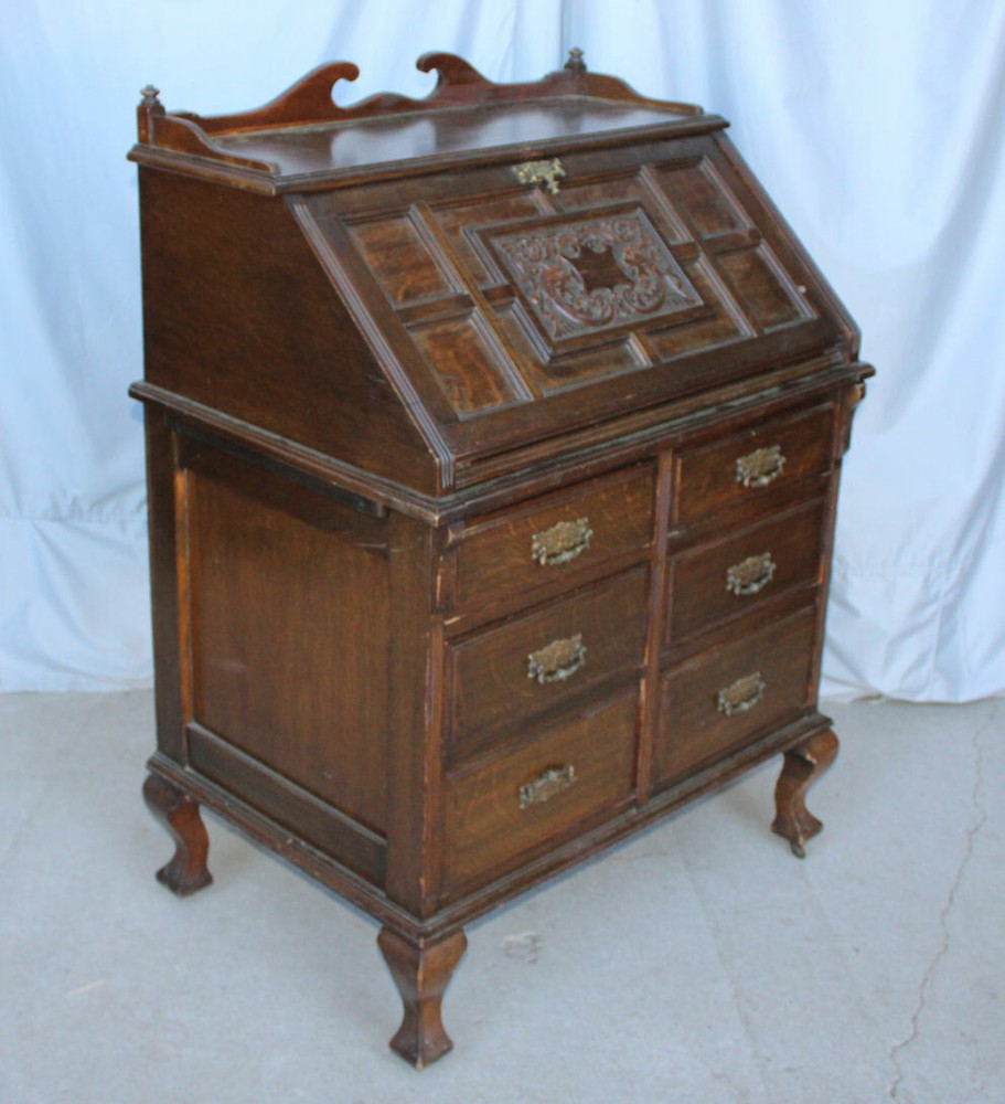 Antique Carved Oak Drop Front Desk – Original finish
