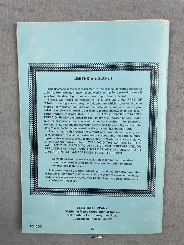 Electra Bearcat 210 Owners Manual Copyright 1978