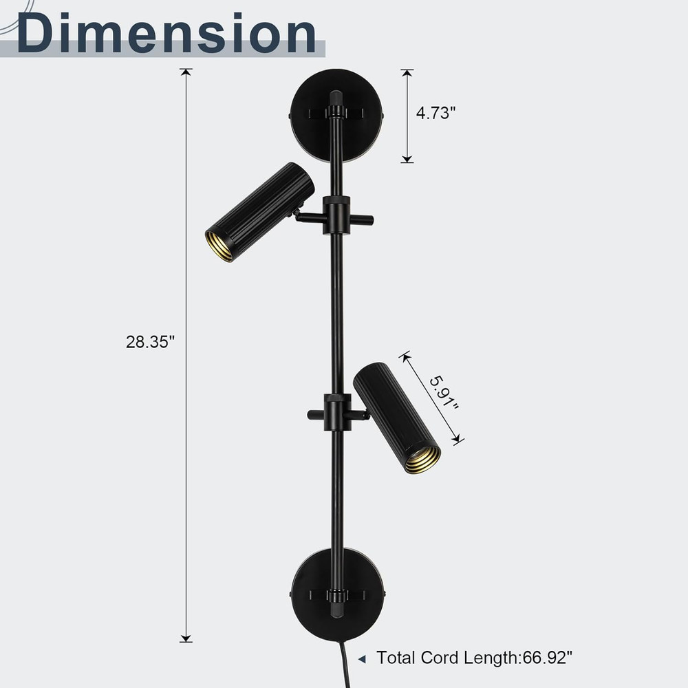 Plug in Wall Sconces, Black 2 Lights Rotatable Wall Lamp with Switch Cord Wall