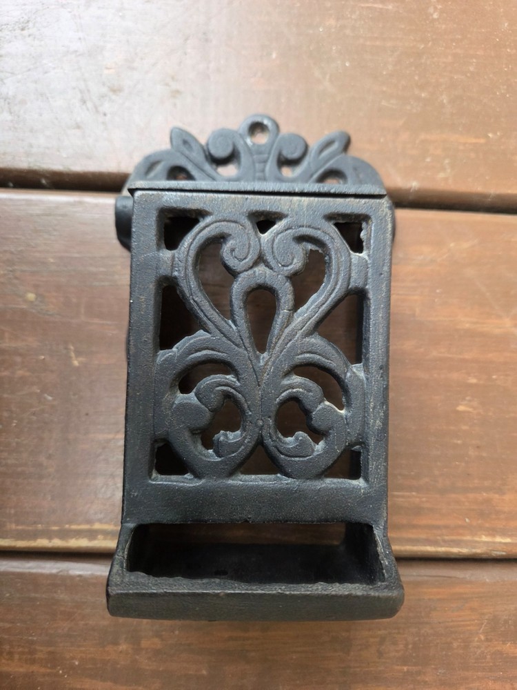 Vintage Cast Iron Match Holder with Lid 7" Wall Mount Black