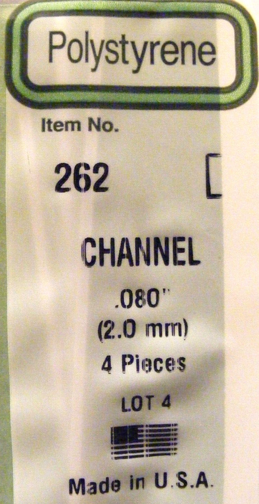 EVERGREEN #262  STYRENE CHANNEL .,080" (4) Plain White Pieces