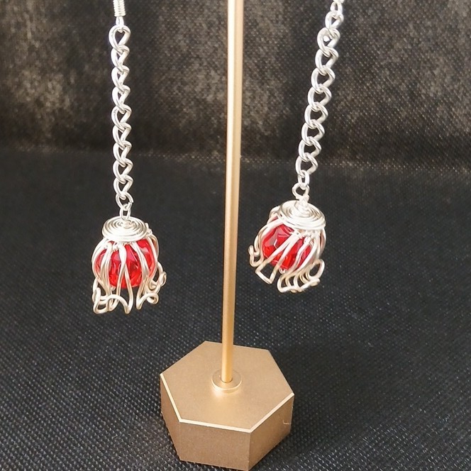 Handcrafted Silver Wire Wrapped Red Glass Round Dangle Earrings