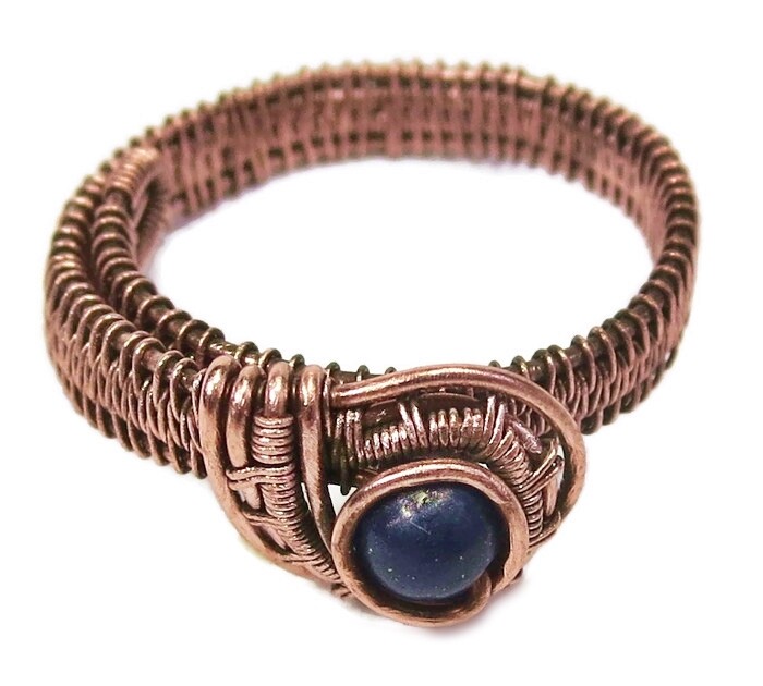 Lapis Lazuli Adjustable Ring, Woven in Copper Wire