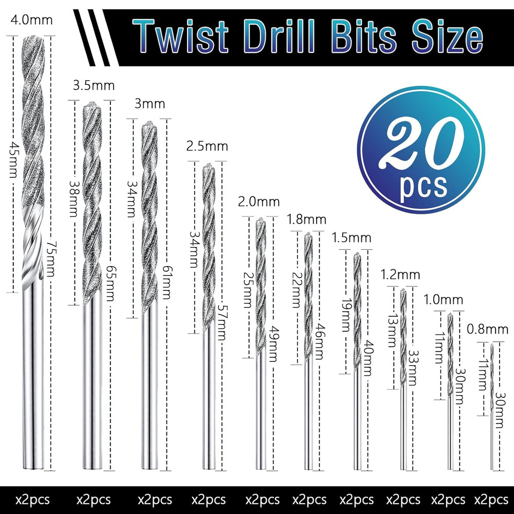 20 Pieces Diamond Drill Bits Set for Stone Twist Tip Drill Bit Heavy Duty Micro