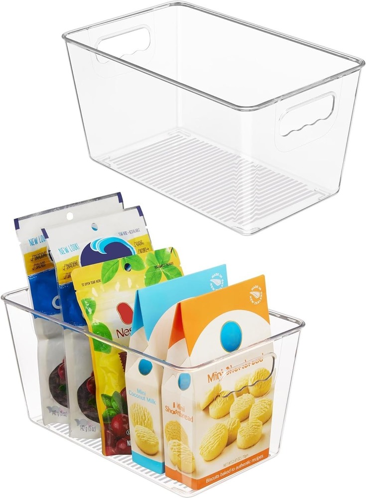 Clear Plastic Storage Bins 2pcs Medium with Handles for Kitchen Pantry Refrig...