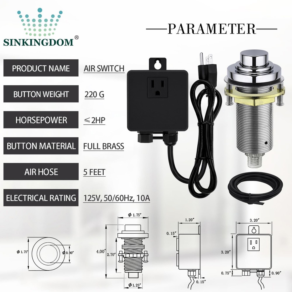 SinkTop Air Switch Kit with Long Button (Full Brass) for Garbage Chrome